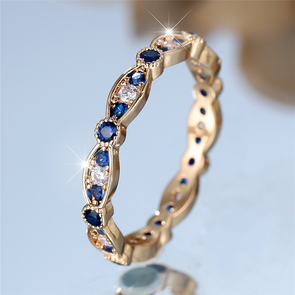Luxury Golden Tone Graceful Eternity Ring with Blue & Clear Zirconia